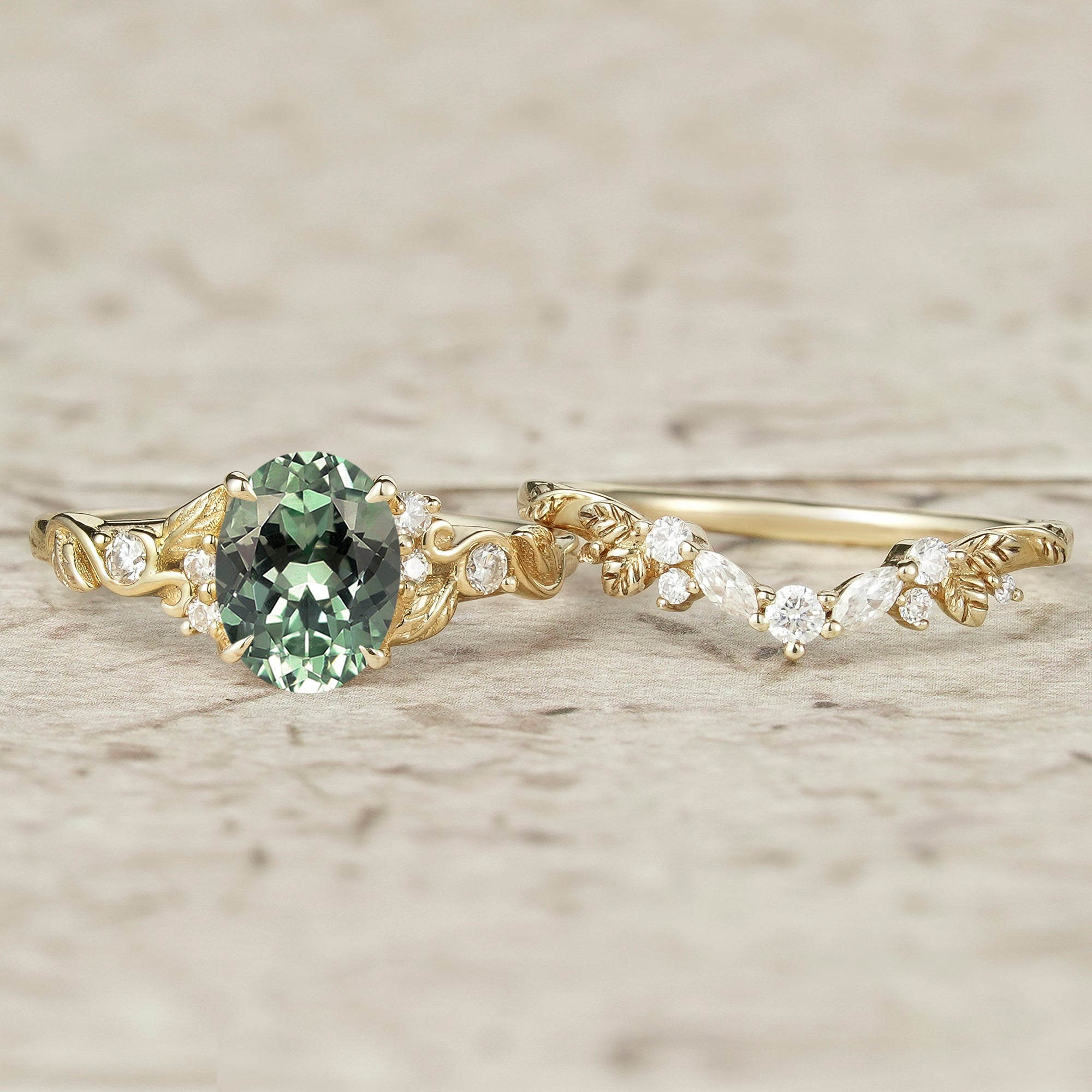 Nature Inspired Green Sapphire Bridal Set 2pcs - Aveline - GemsMagic