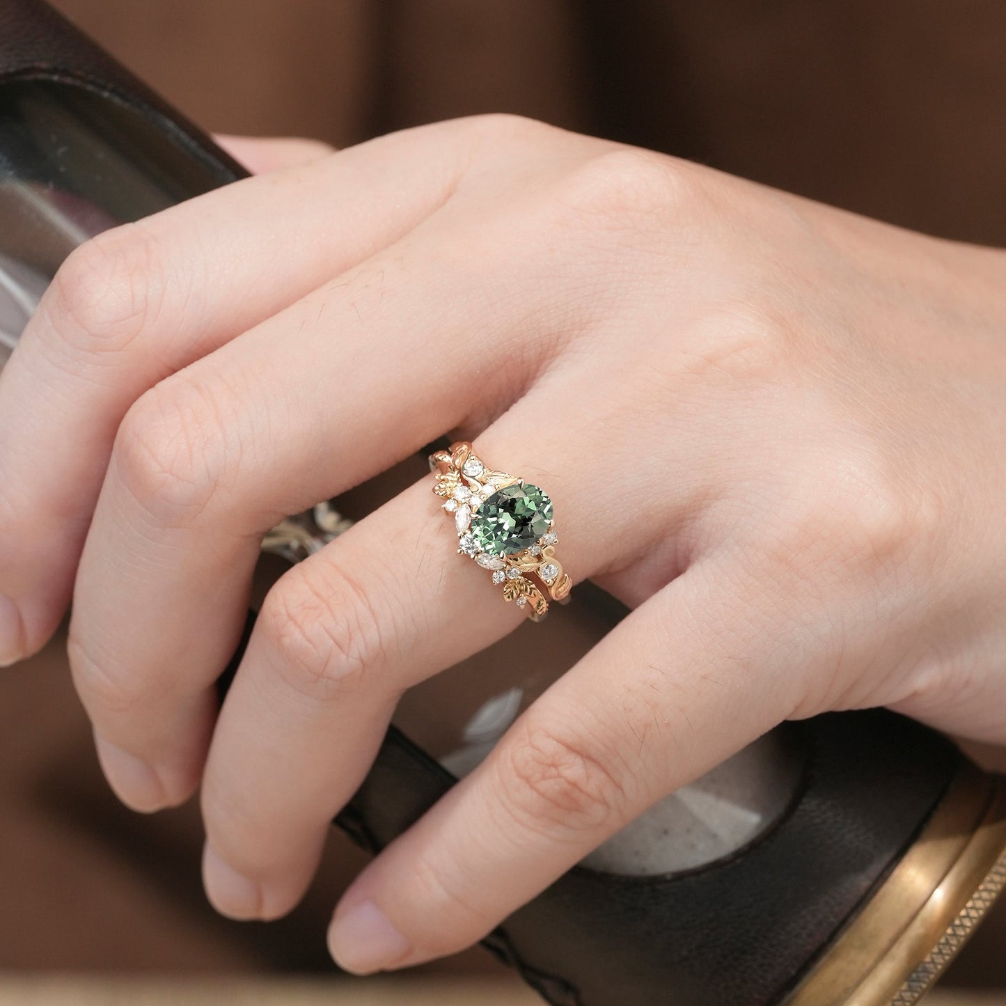 Nature Inspired Green Sapphire Bridal Set 2pcs - Aveline - GemsMagic