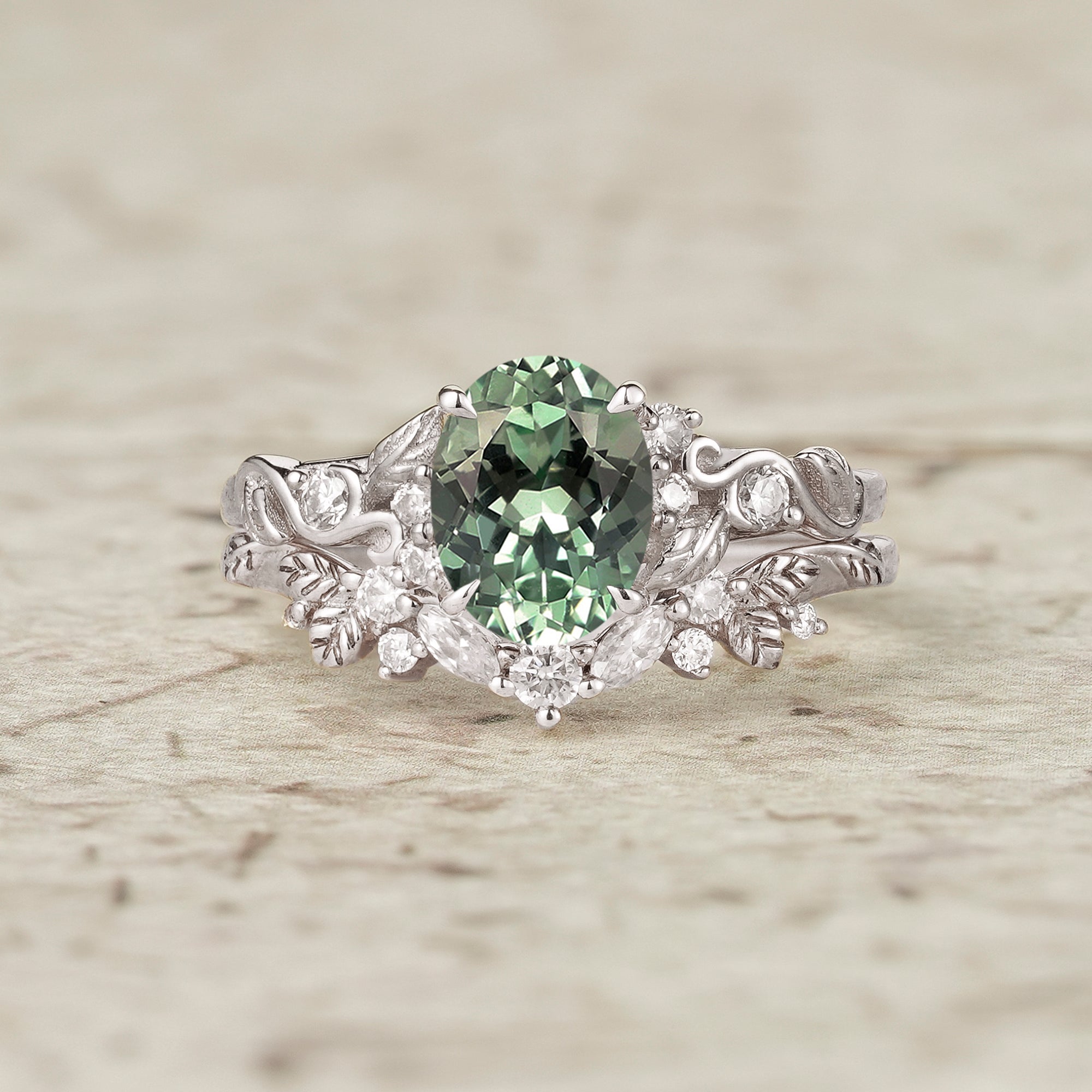 Nature Inspired Green Sapphire Bridal Set 2pcs - Aveline - GemsMagic