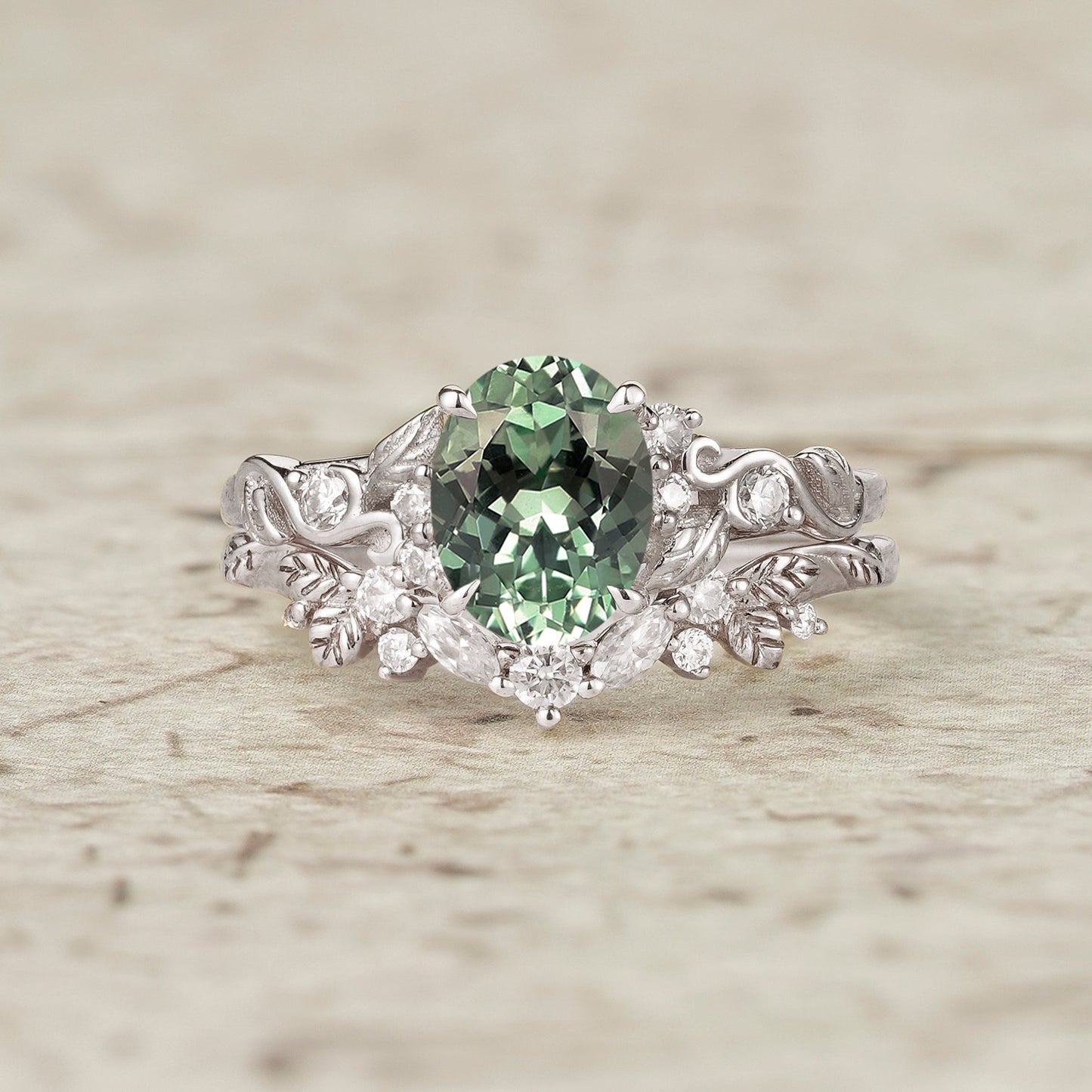 Nature Inspired Green Sapphire Bridal Set 2pcs - Aveline - GemsMagic