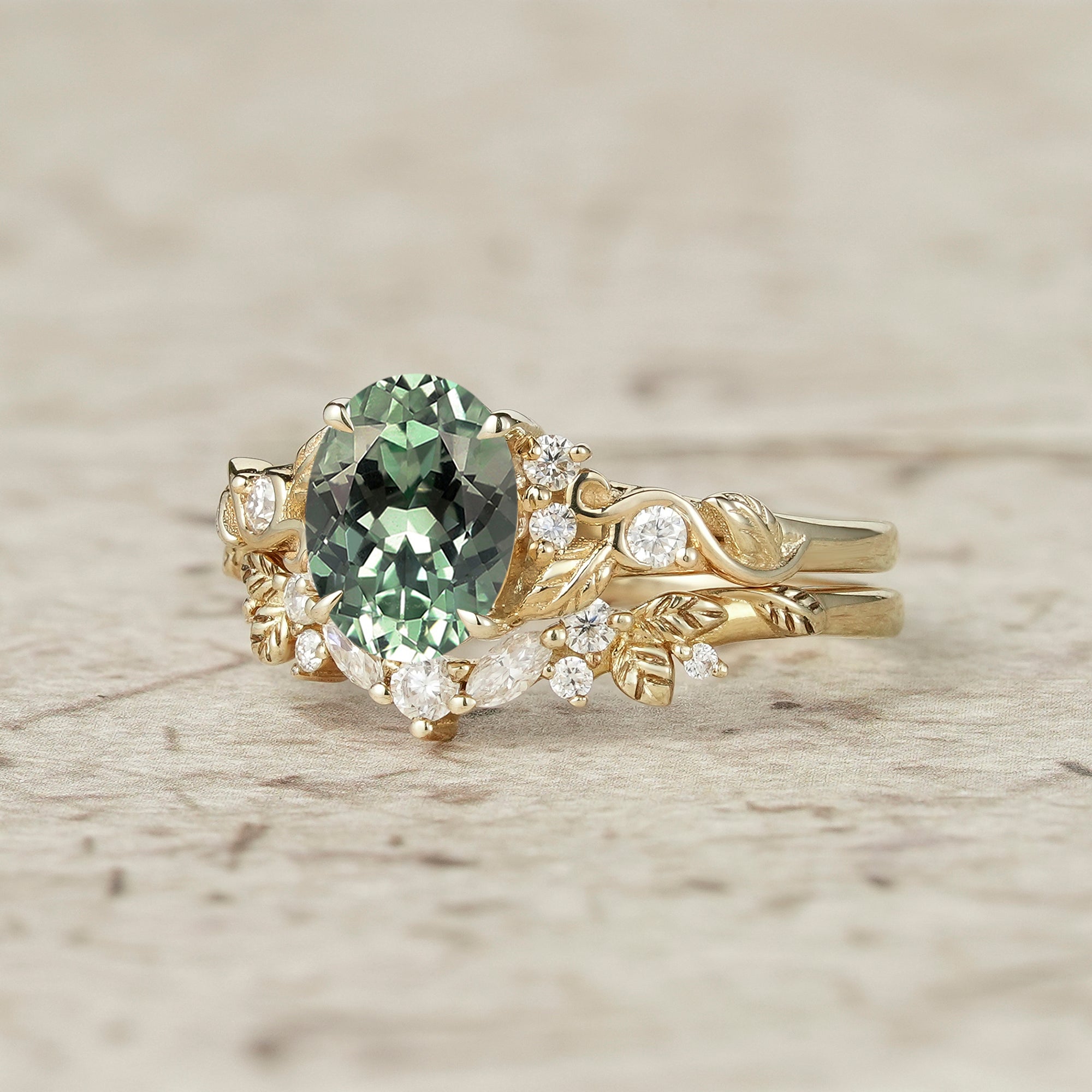 Nature Inspired Green Sapphire Bridal Set 2pcs - Aveline - GemsMagic