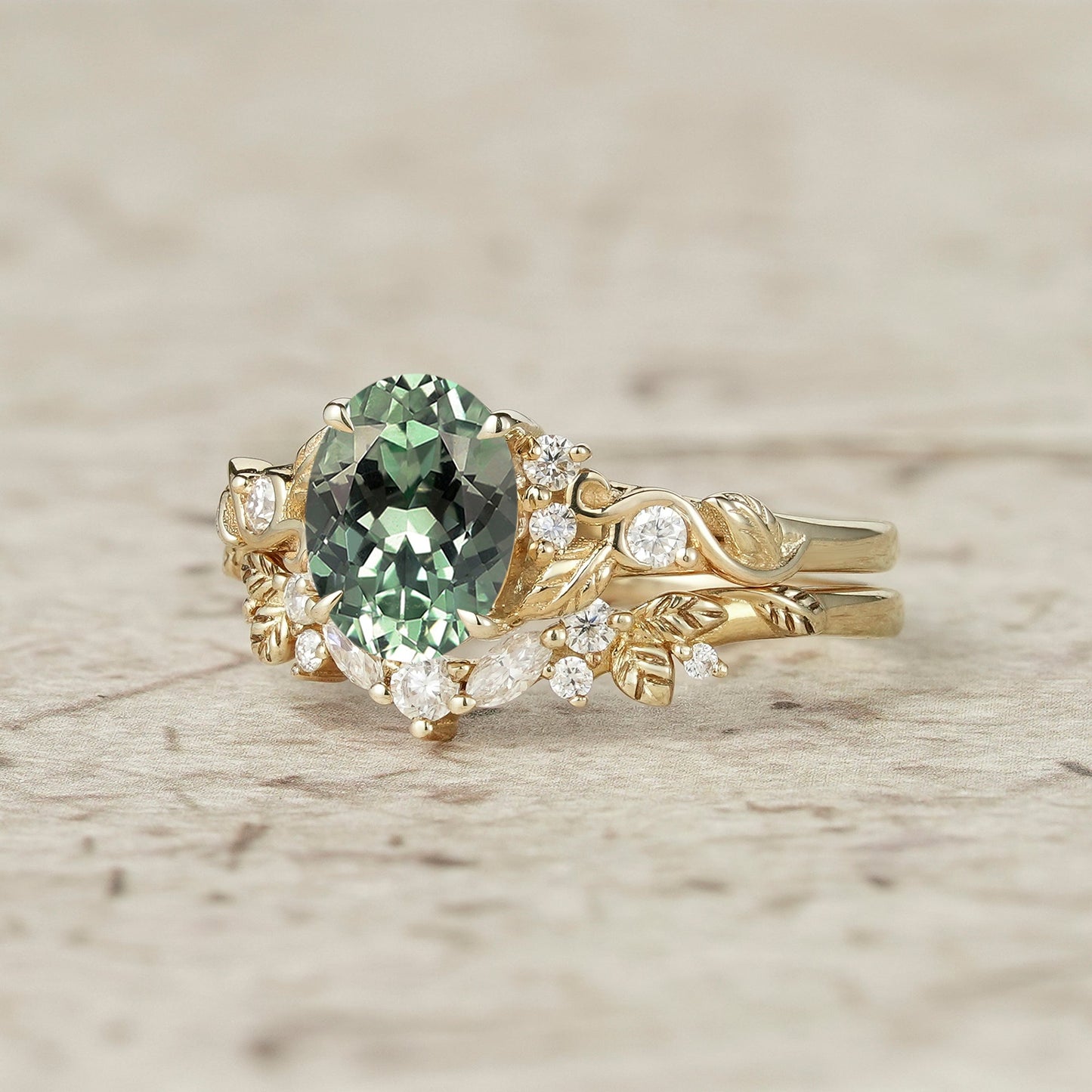Nature Inspired Green Sapphire Bridal Set 2pcs - Aveline - GemsMagic