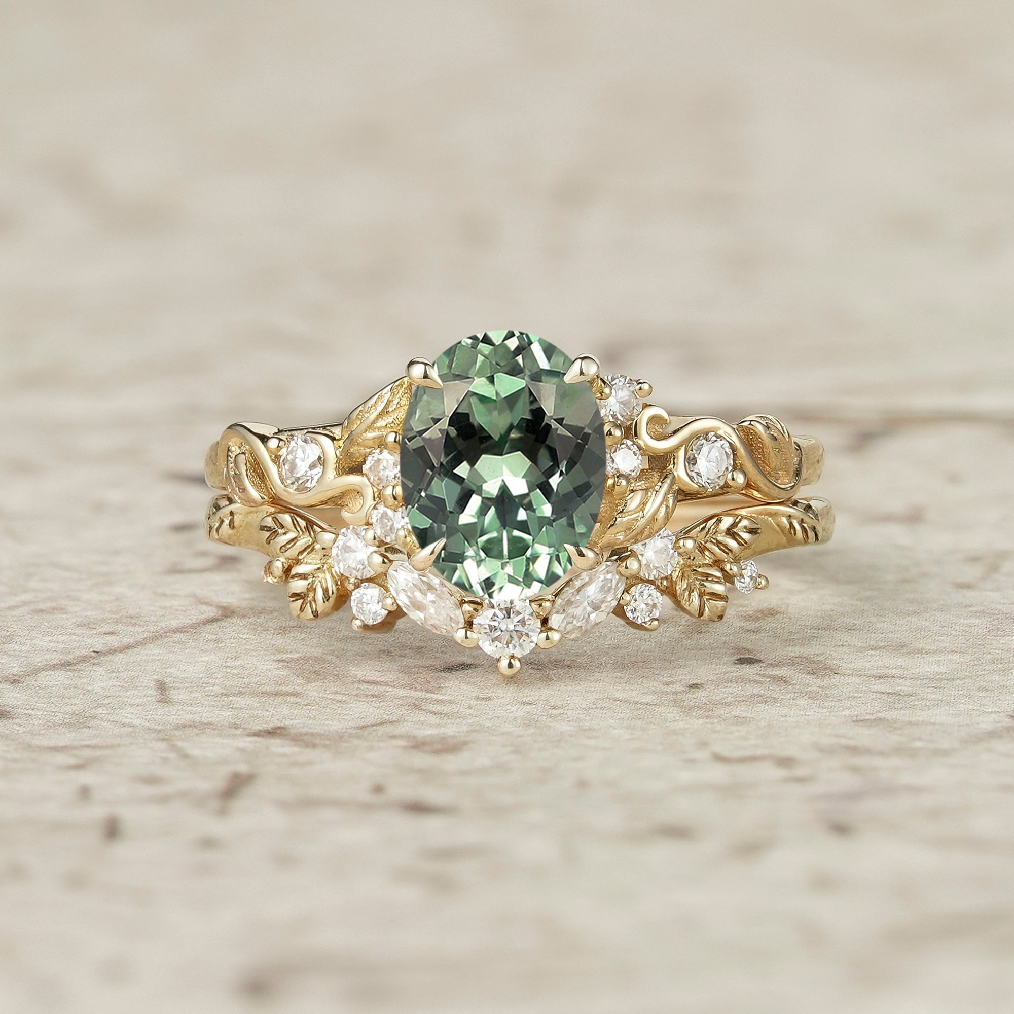 Nature Inspired Green Sapphire Bridal Set 2pcs - Aveline - GemsMagic