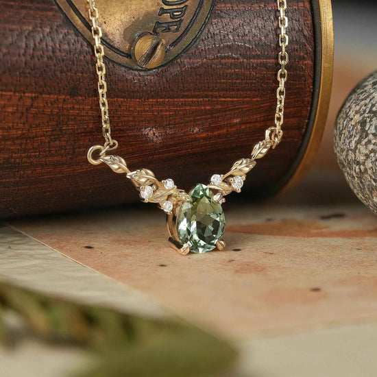 Nature Inspired Green Sapphire Leaf Necklace - Sable - GemsMagic
