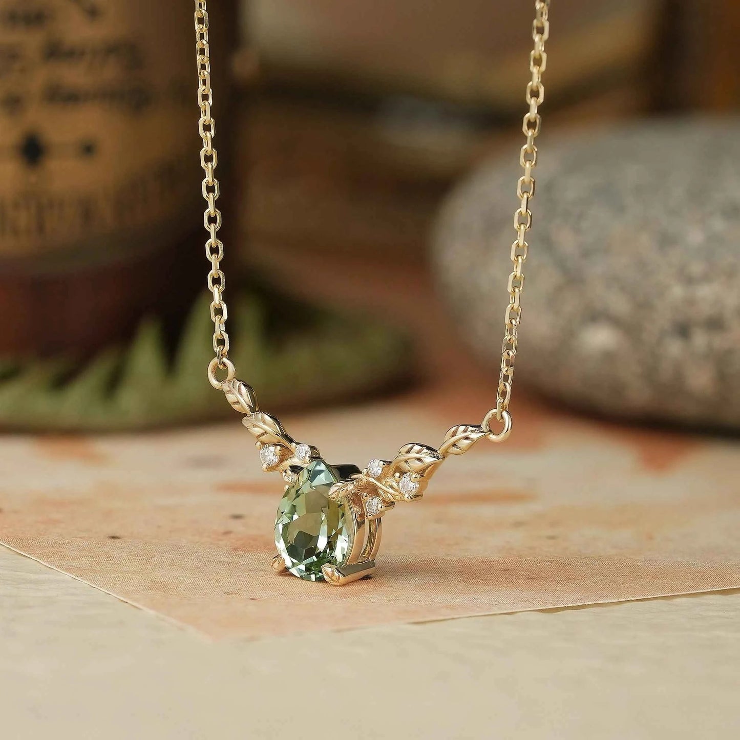 Nature Inspired Green Sapphire Leaf Necklace - Sable - GemsMagic