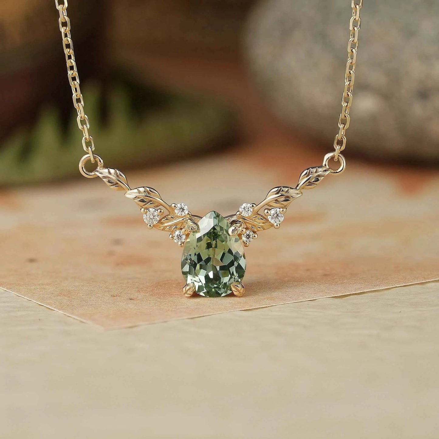 Nature Inspired Green Sapphire Leaf Necklace - Sable - GemsMagic