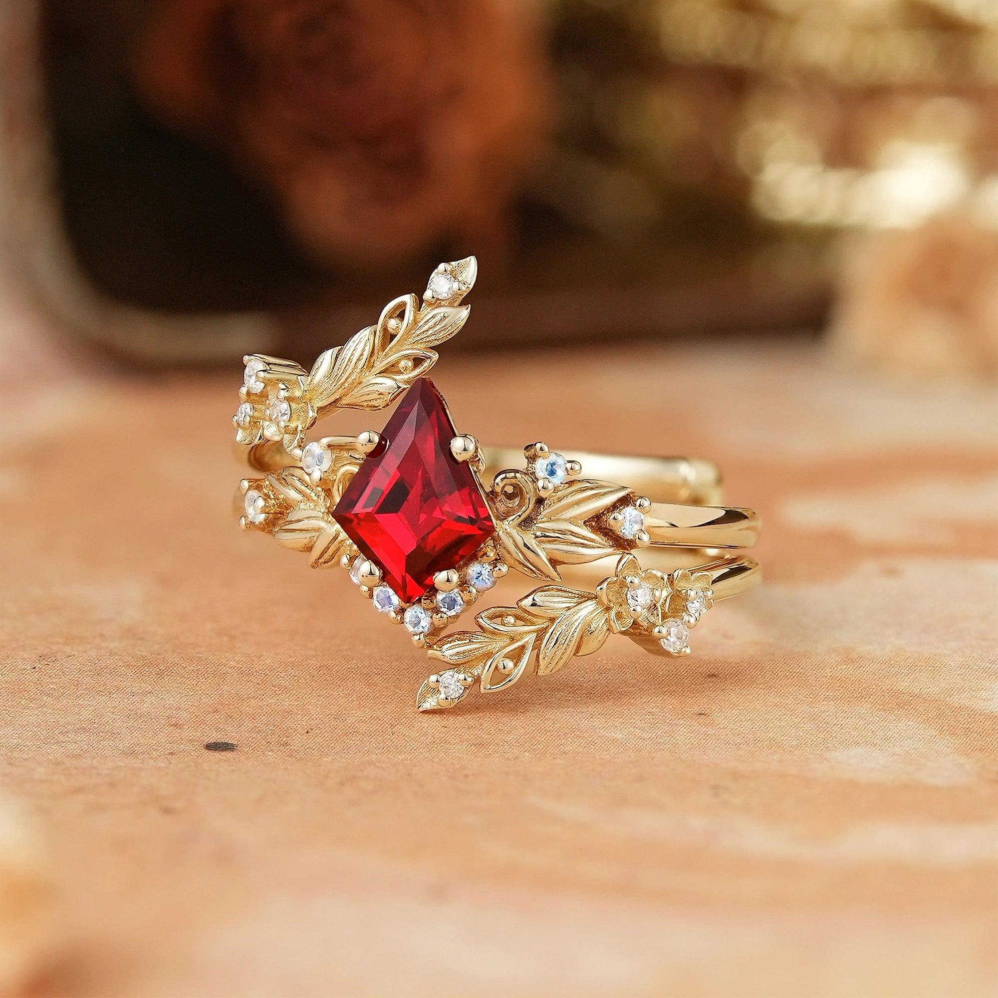 Nature Inspired Kite Cut Lab Ruby And Moonstone Enhancer Bridal Ring Set - GemsMagic