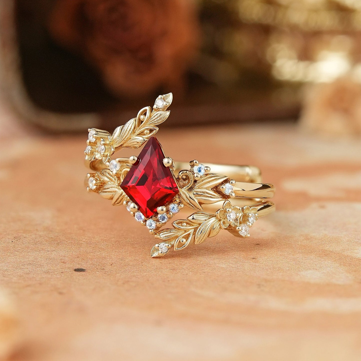 Nature Inspired Kite Cut Lab Ruby And Moonstone Enhancer Bridal Ring Set - GemsMagic