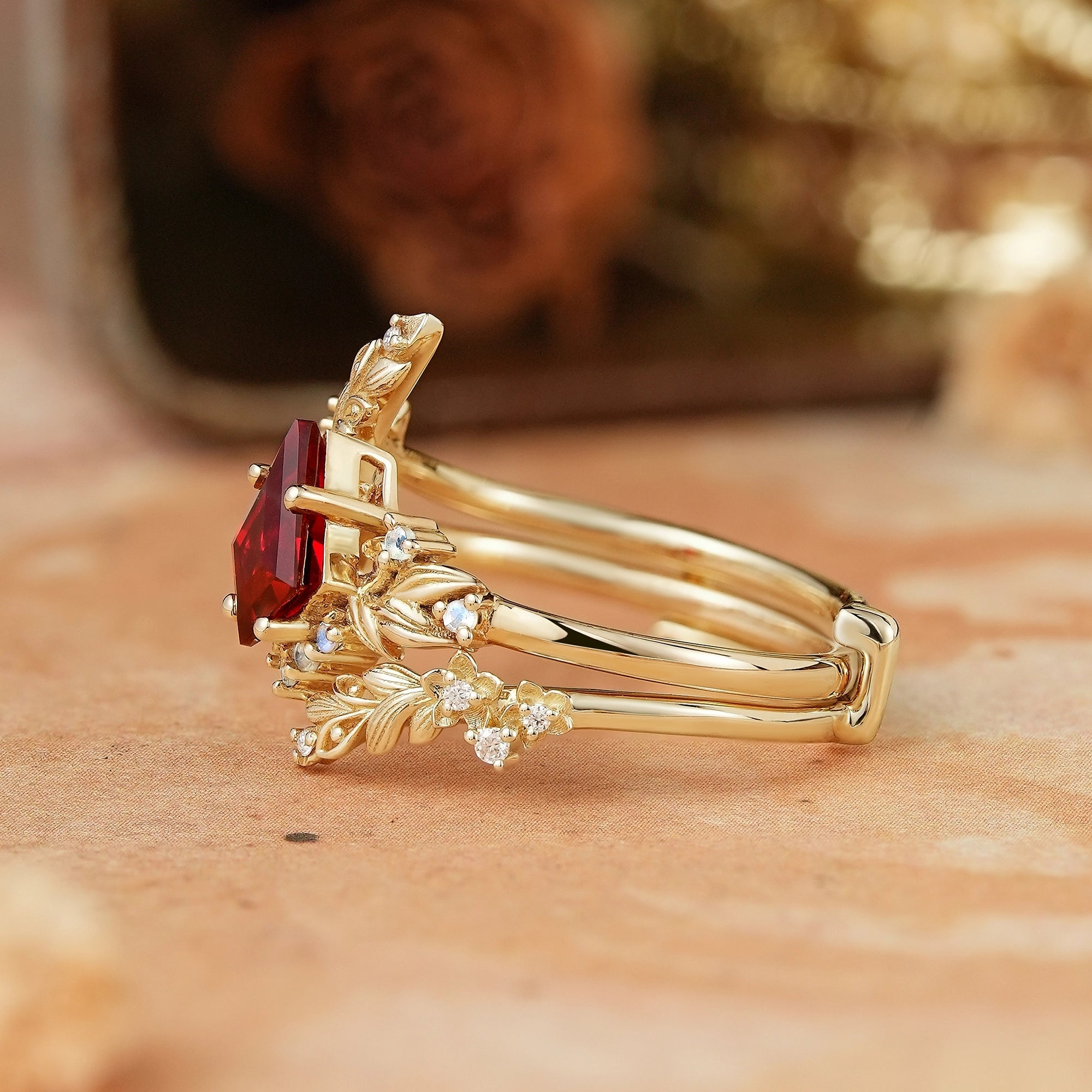 Nature Inspired Kite Cut Lab Ruby And Moonstone Enhancer Bridal Ring Set - GemsMagic