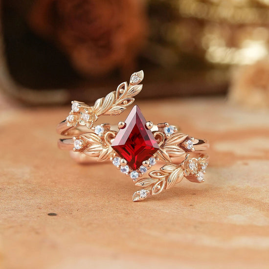 Nature Inspired Kite Cut Lab Ruby And Moonstone Enhancer Bridal Ring Set - GemsMagic