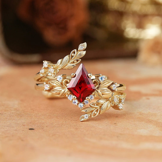 Nature Inspired Kite Cut Lab Ruby And Moonstone Enhancer Bridal Ring Set - GemsMagic