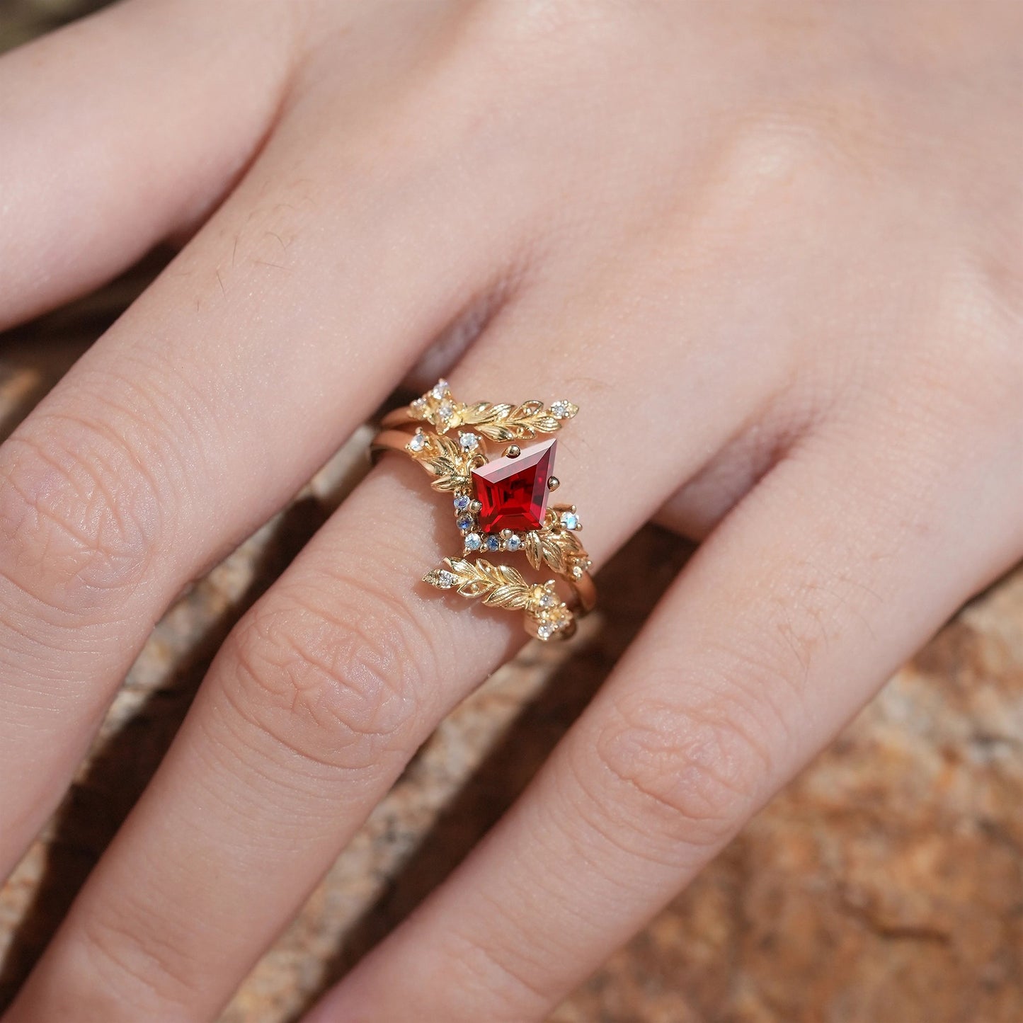 Nature Inspired Kite Cut Lab Ruby And Moonstone Enhancer Bridal Ring Set - GemsMagic