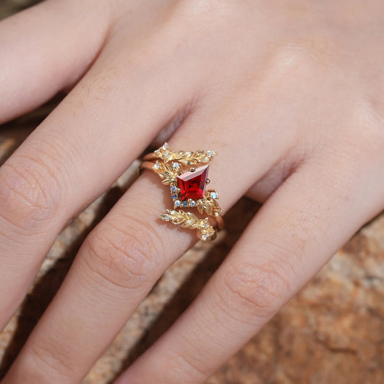 Nature Inspired Kite Cut Lab Ruby And Moonstone Enhancer Bridal Ring Set - GemsMagic