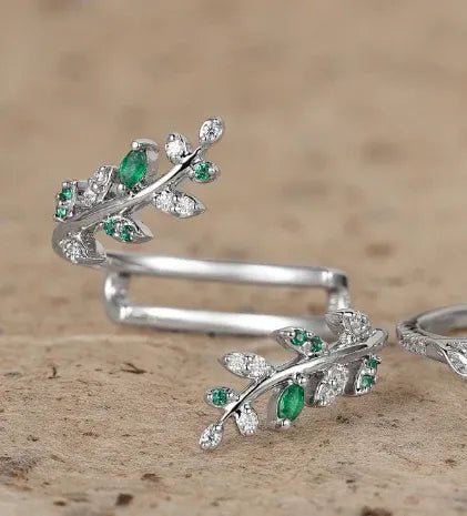 Nature inspired Moissanite and Emerald Enhancer Wedding Band - GemsMagic - GemsMagic