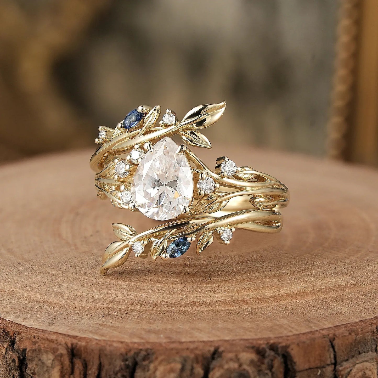 Nature Inspired - Moissanite Leaf Ring Set with Sapphire - Willow - GemsMagic