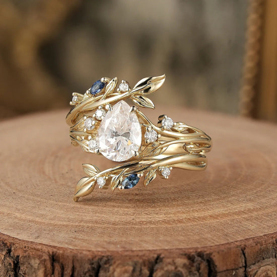 Nature Inspired - Moissanite Leaf Ring Set with Sapphire - Willow - GemsMagic