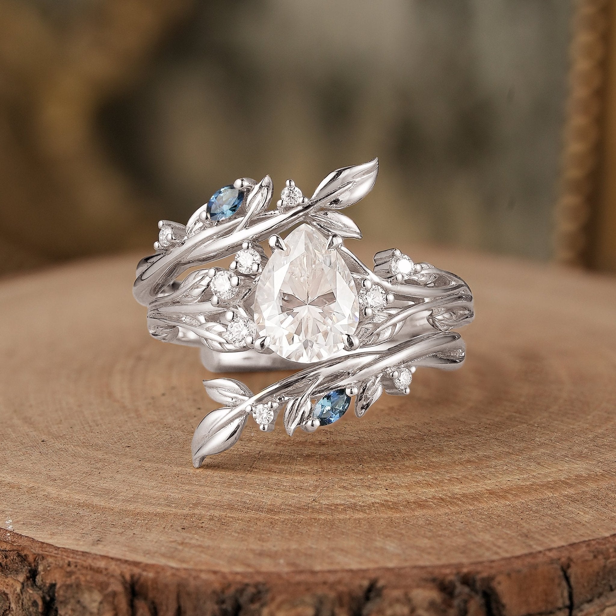 Nature Inspired - Moissanite Leaf Ring Set with Sapphire - Willow - GemsMagic