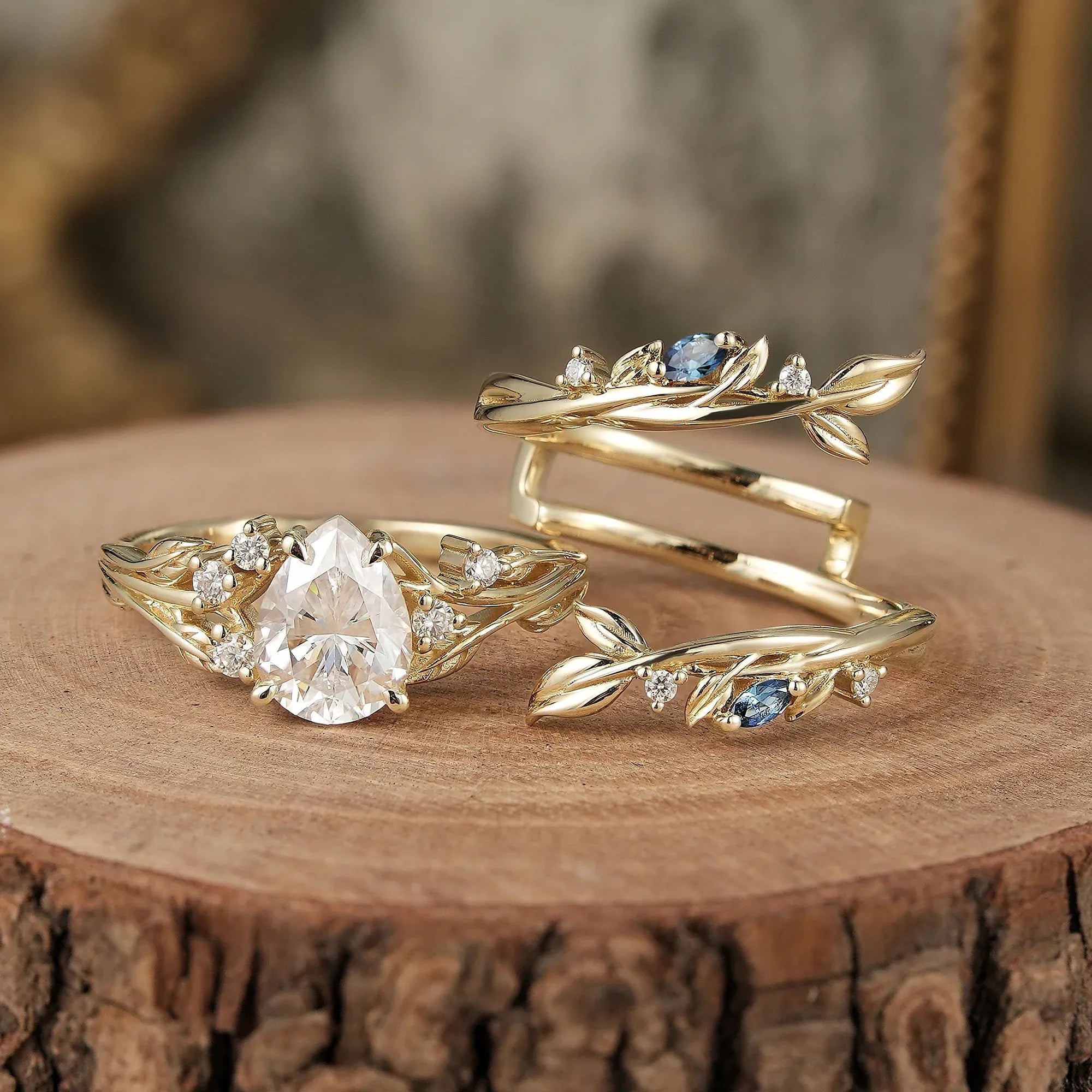 Nature Inspired - Moissanite Leaf Ring Set with Sapphire - Willow - GemsMagic