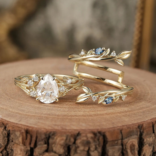 Nature Inspired - Moissanite Leaf Ring Set with Sapphire - Willow - GemsMagic