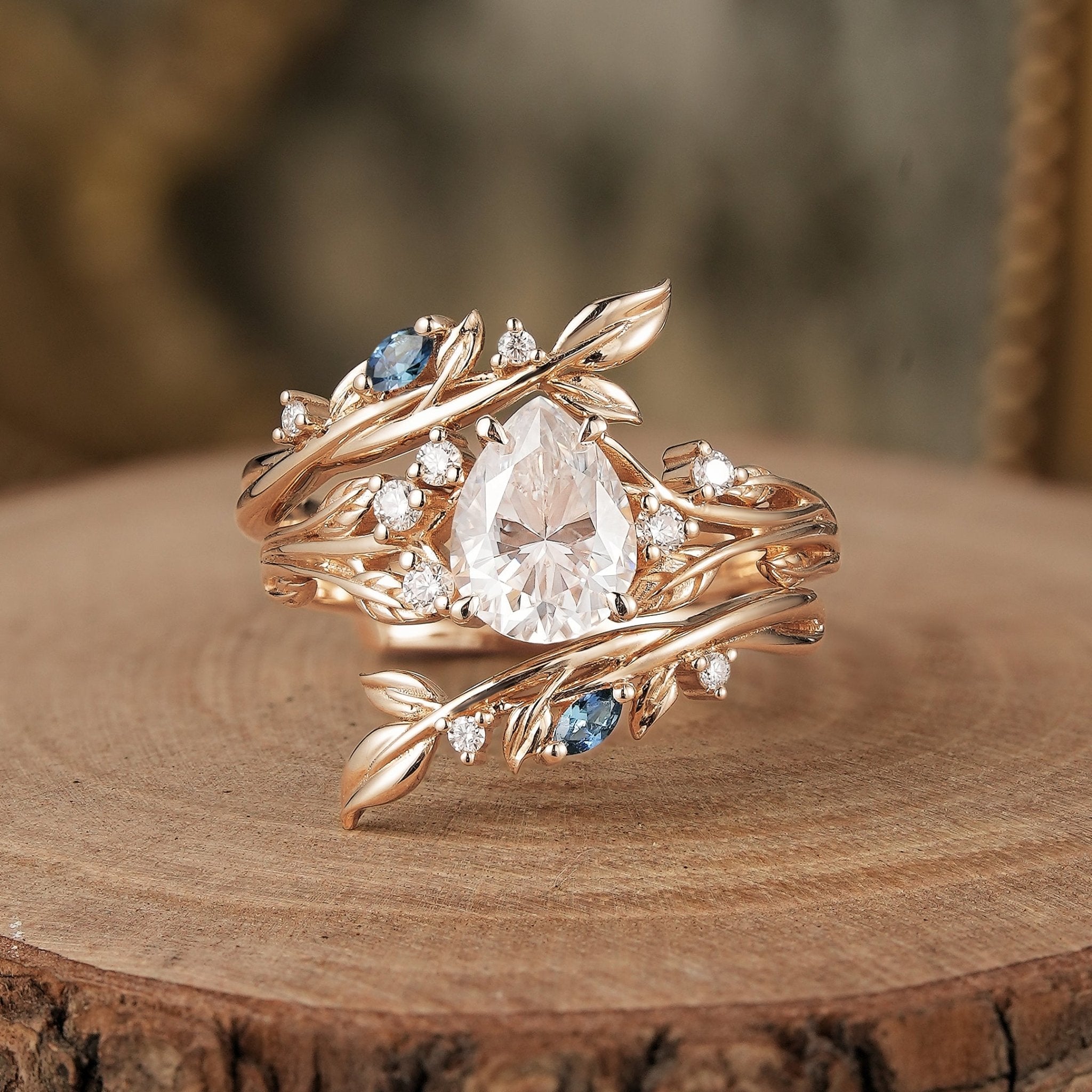 Nature Inspired - Moissanite Leaf Ring Set with Sapphire - Willow - GemsMagic