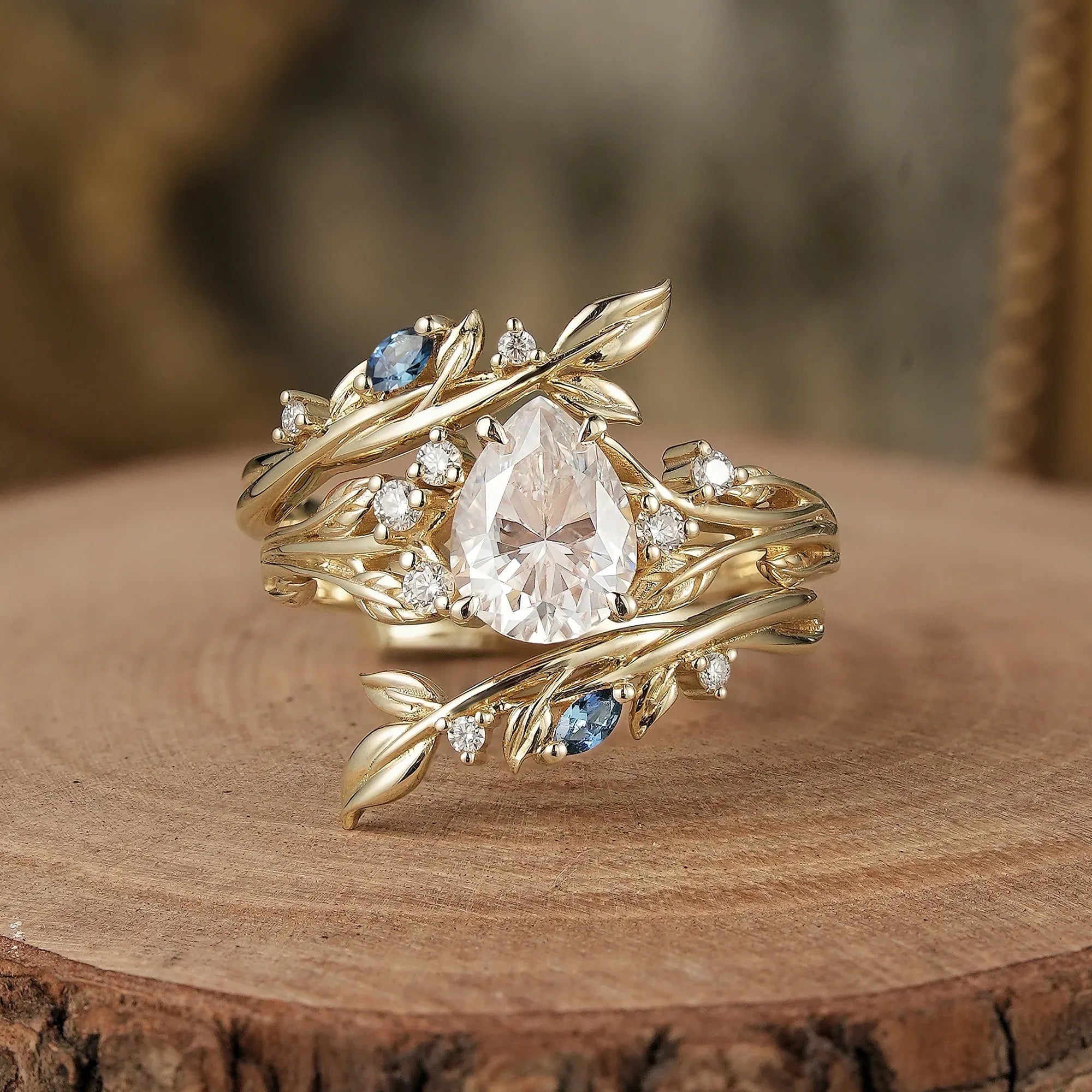 Nature Inspired - Moissanite Leaf Ring Set with Sapphire - Willow - GemsMagic