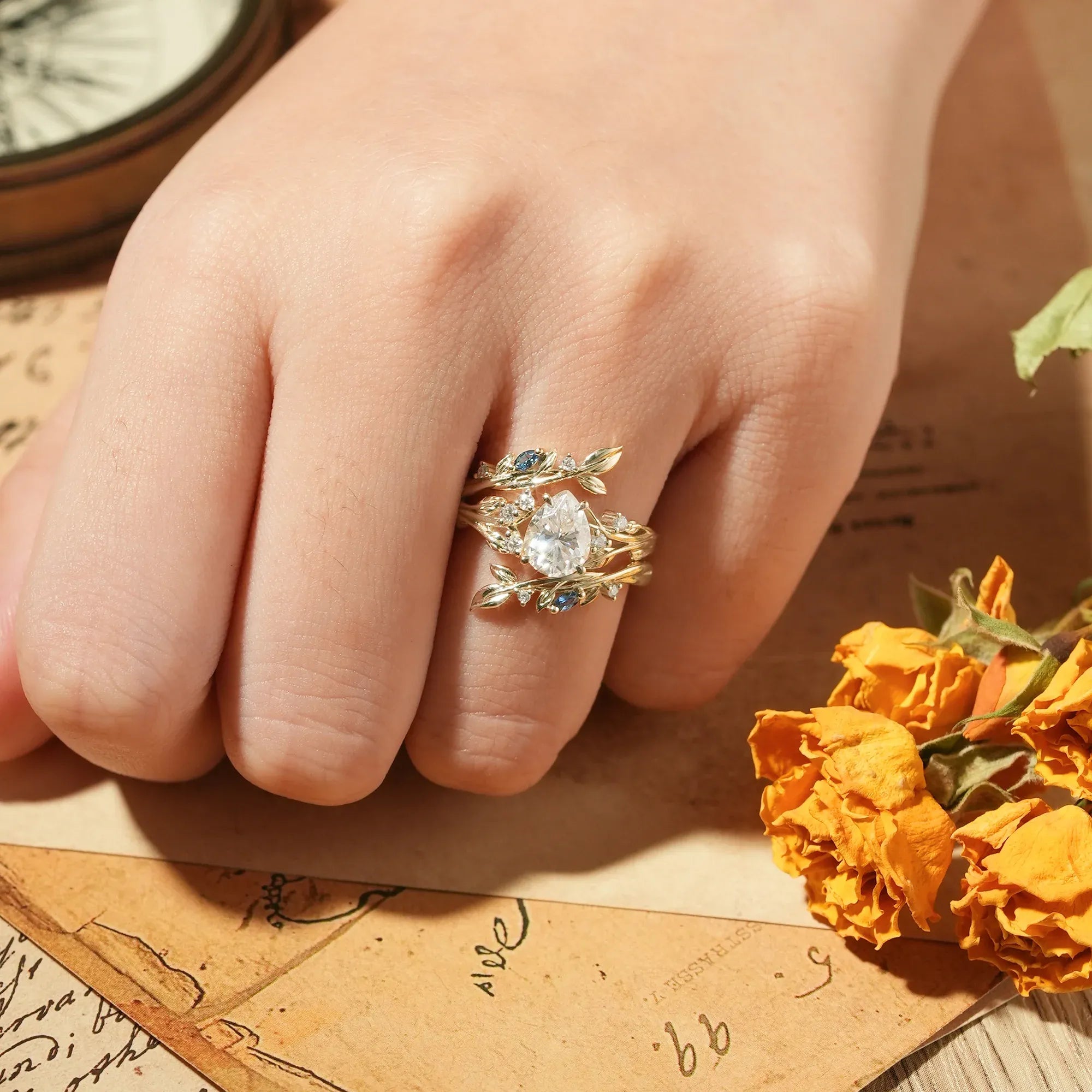 Nature Inspired - Moissanite Leaf Ring Set with Sapphire - Willow - GemsMagic