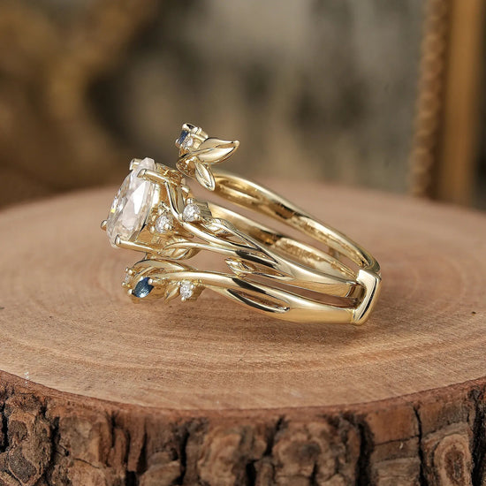 Nature Inspired - Moissanite Leaf Ring Set with Sapphire - Willow - GemsMagic