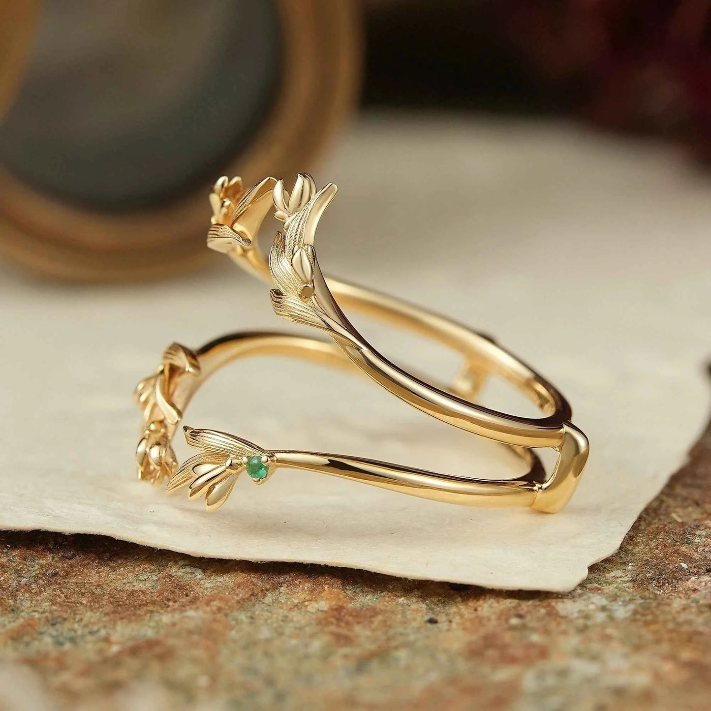 Nature Inspired Natural Emerald Enhancer Wedding Band - GemsMagic - GemsMagic