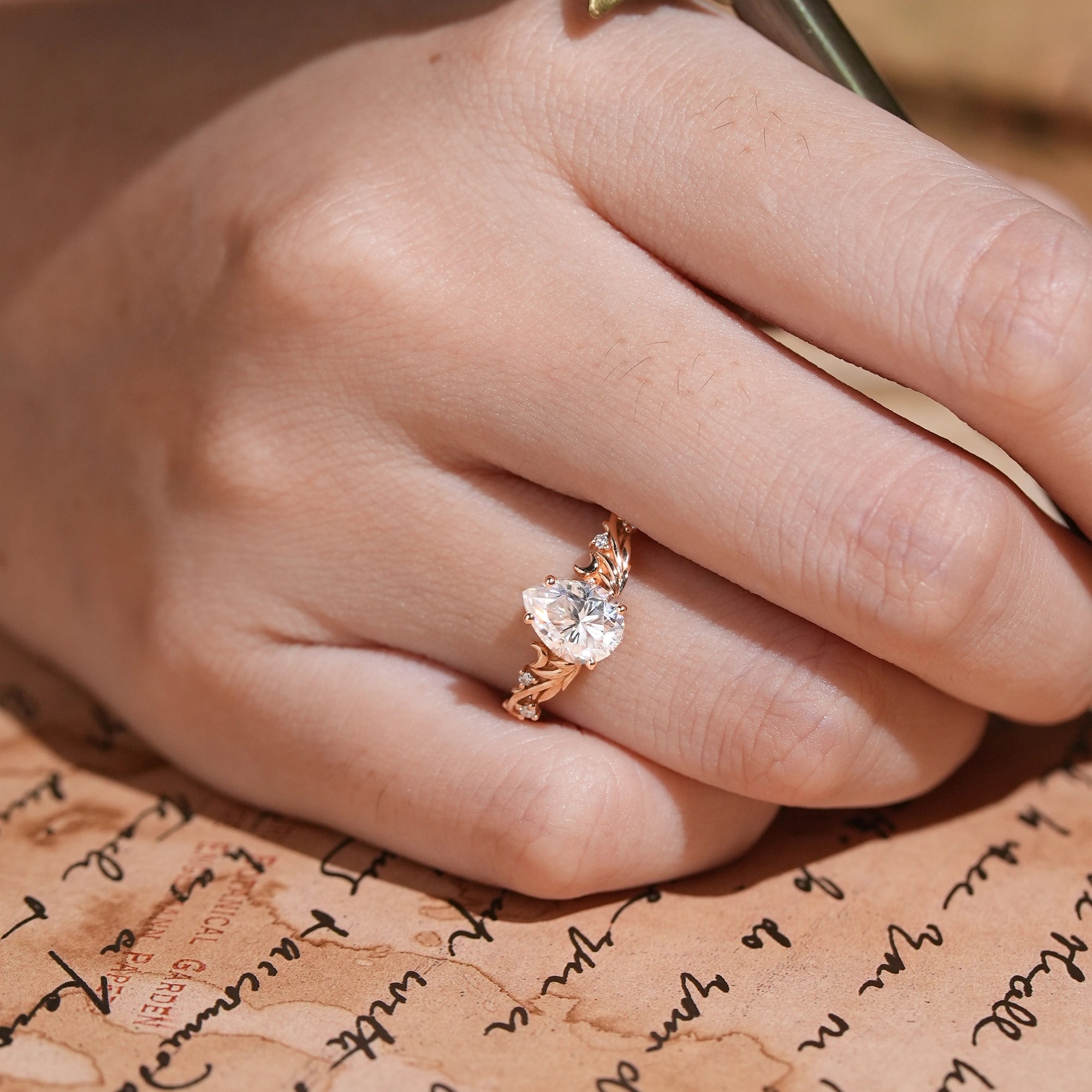 Nature Inspired Pear Cut Moissanite Elven Ring Moon Engagement Ring - GemsMagic
