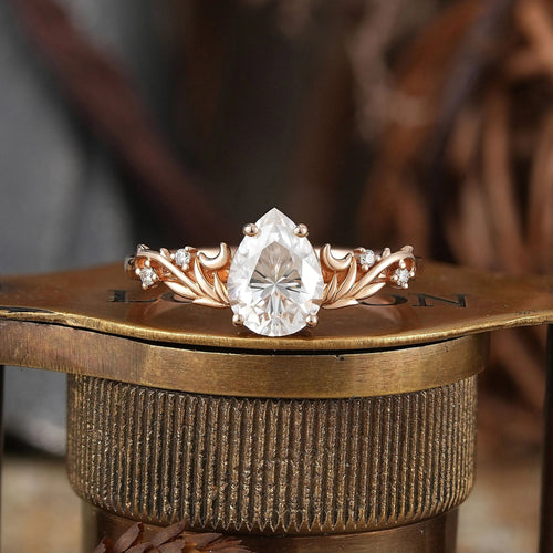 Nature Inspired Pear Cut Moissanite Elven Ring Moon Engagement Ring