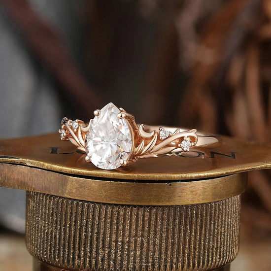 Nature Inspired Pear Cut Moissanite Elven Ring Moon Engagement Ring - GemsMagic