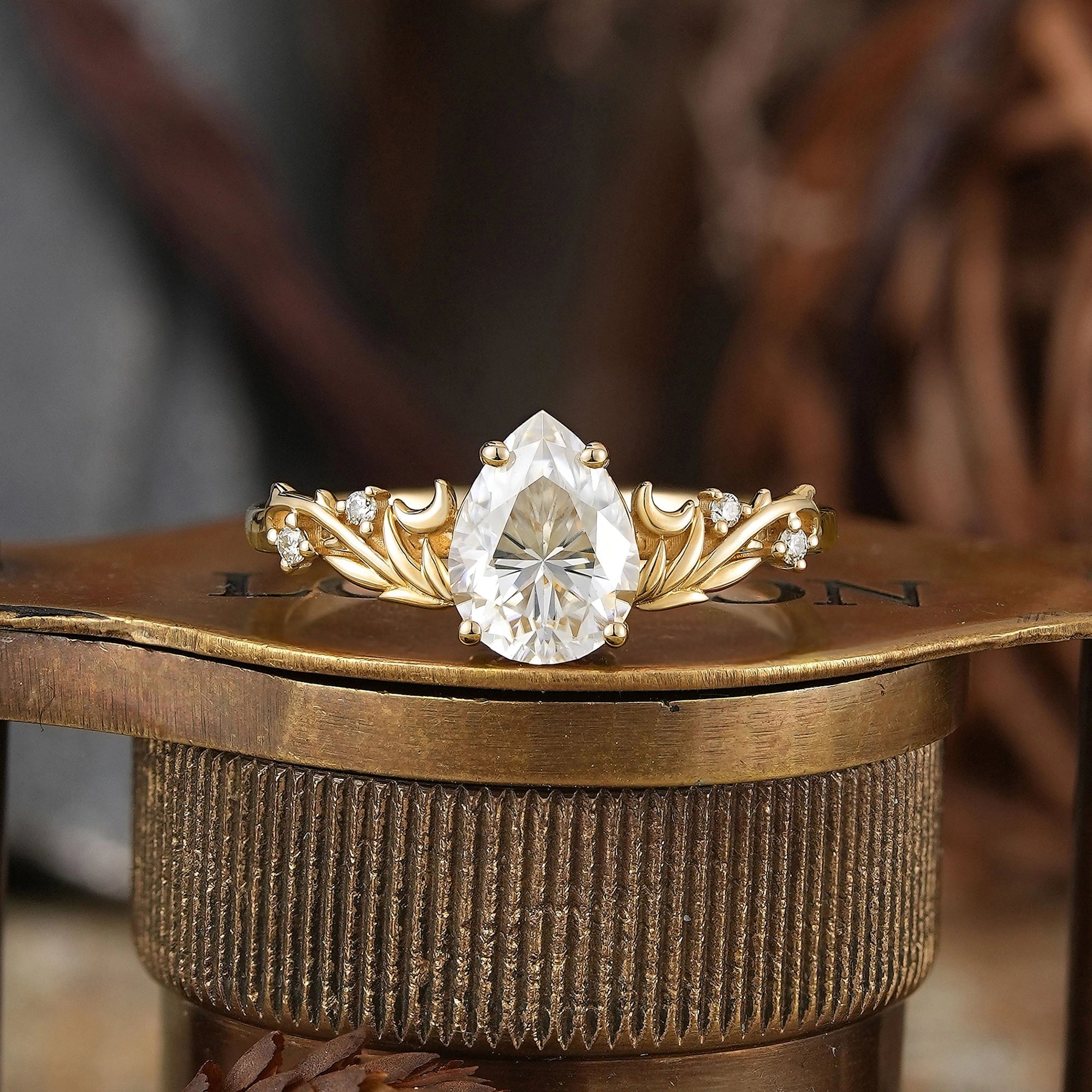 Nature Inspired Pear Cut Moissanite Elven Ring Moon Engagement Ring - GemsMagic
