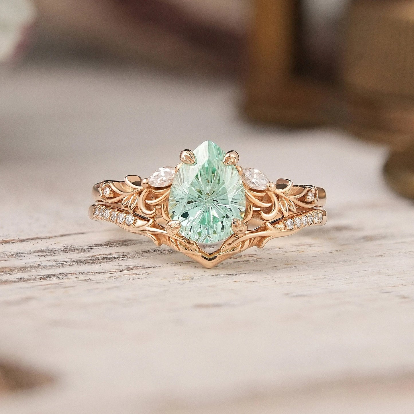 Nature Inspired Pear Shaped Green Sapphire Sparkle Cut Olive Leaf Bridal Ring Set 2pcs - GemsMagic - GemsMagic