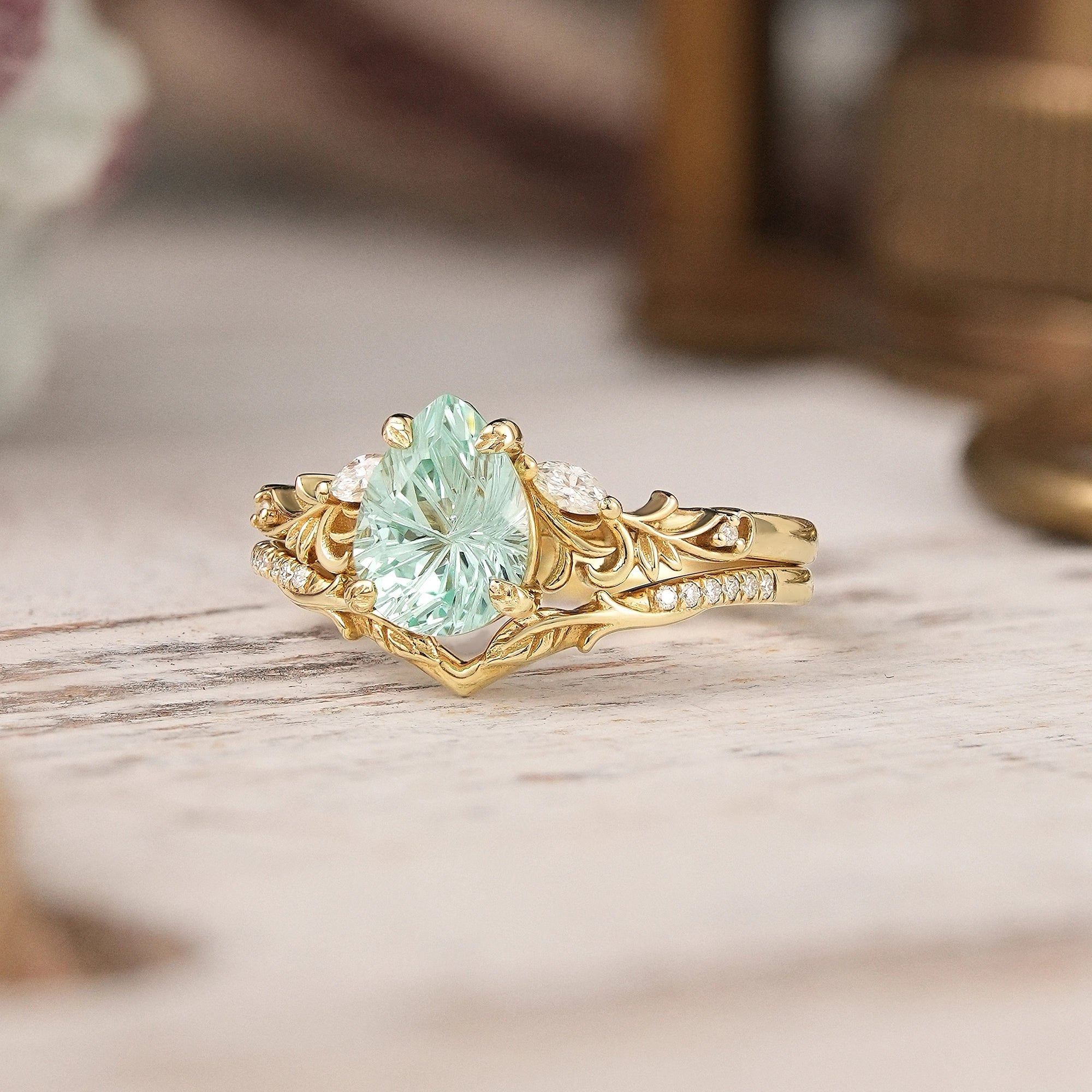 Nature Inspired Pear Shaped Green Sapphire Sparkle Cut Olive Leaf Bridal Ring Set 2pcs - GemsMagic - GemsMagic