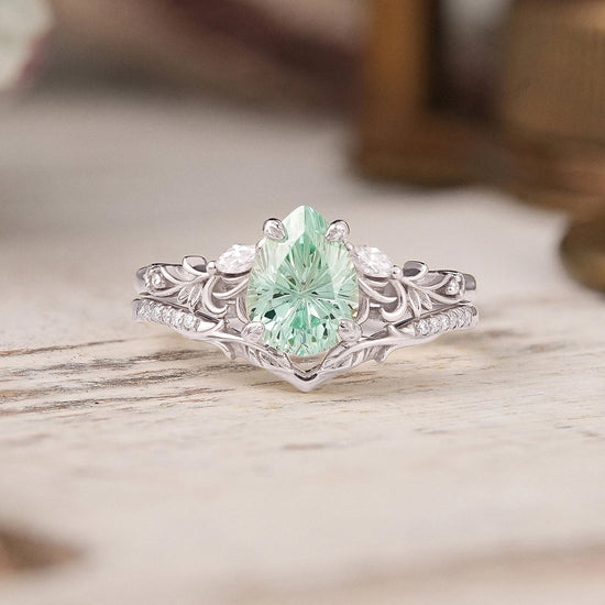 Nature Inspired Pear Shaped Green Sapphire Sparkle Cut Olive Leaf Bridal Ring Set 2pcs - GemsMagic - GemsMagic