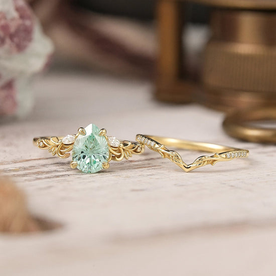 Nature Inspired Pear Shaped Green Sapphire Sparkle Cut Olive Leaf Bridal Ring Set 2pcs - GemsMagic - GemsMagic