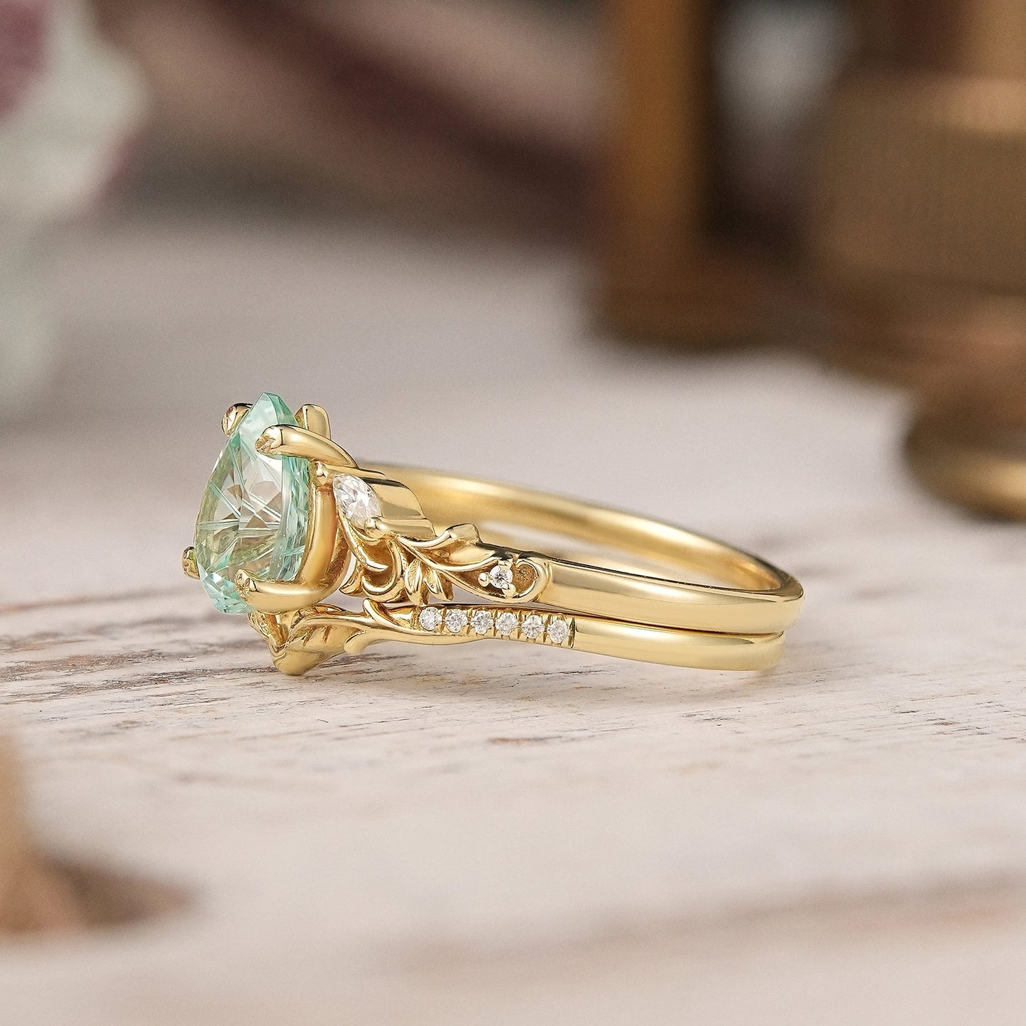 Nature Inspired Pear Shaped Green Sapphire Sparkle Cut Olive Leaf Bridal Ring Set 2pcs - GemsMagic - GemsMagic