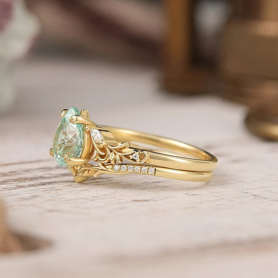 Nature Inspired Pear Shaped Green Sapphire Sparkle Cut Olive Leaf Bridal Ring Set 2pcs - GemsMagic - GemsMagic