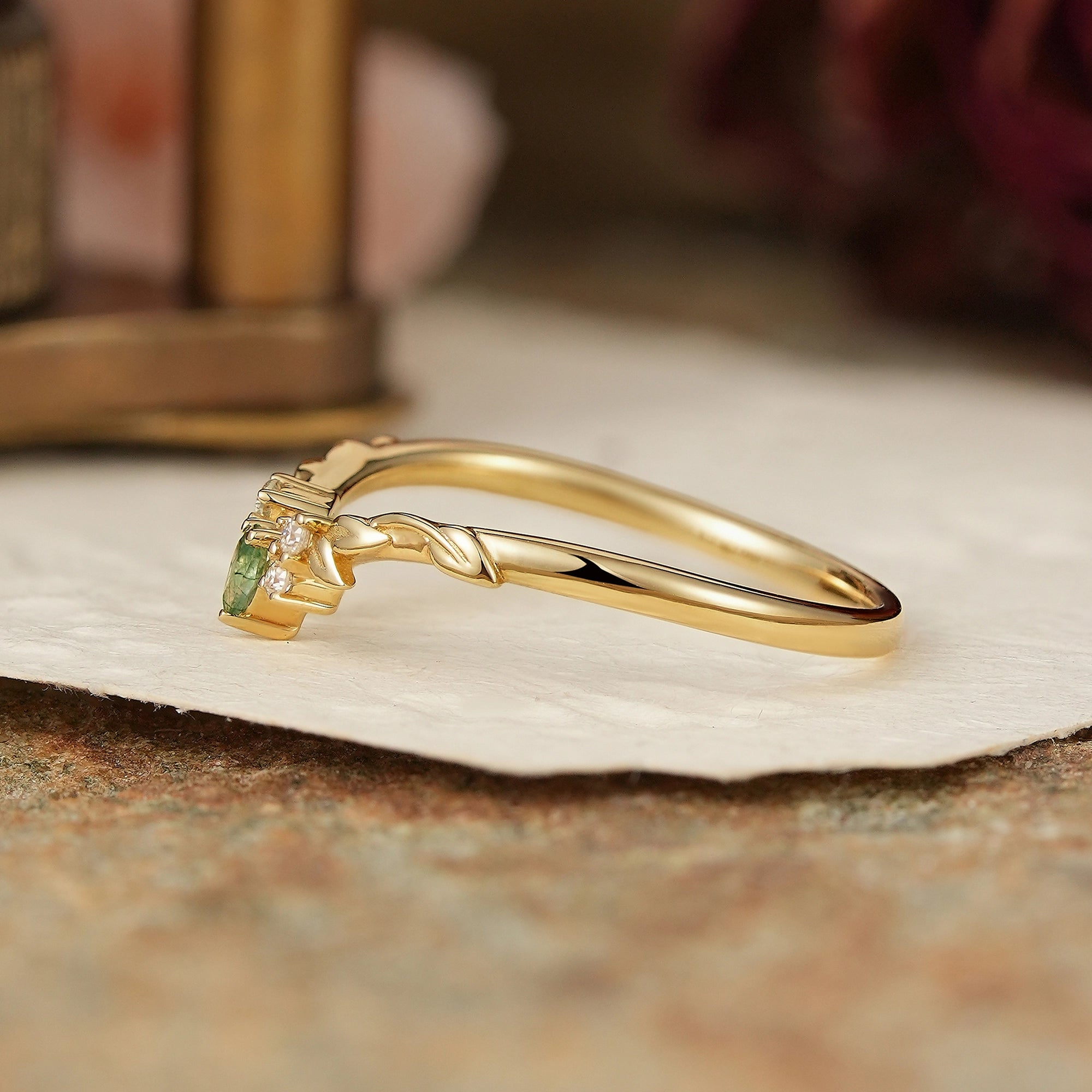 Nature Inspired Pear Shaped Moss Agate Curved Wedding Band - GemsMagic - GemsMagic