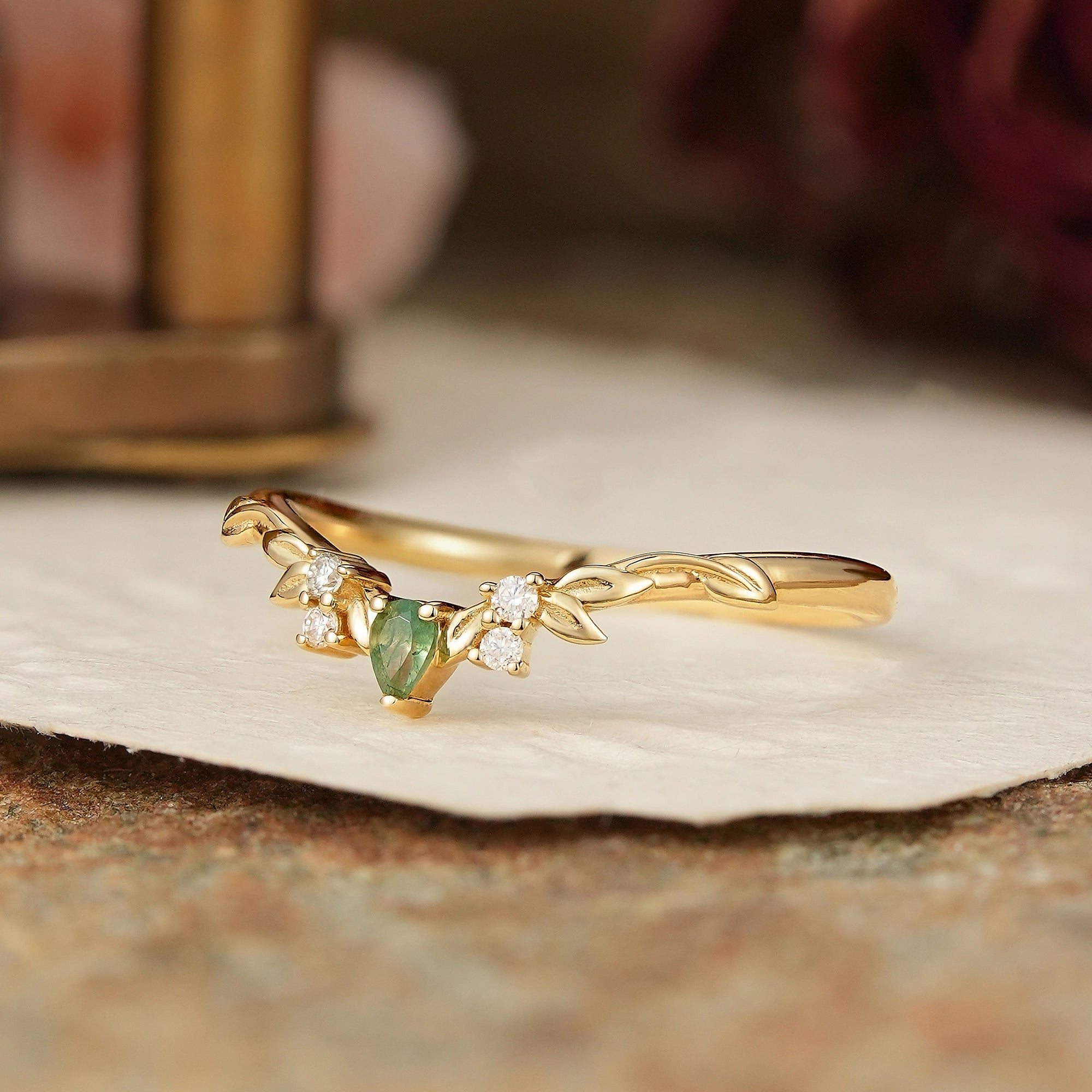 Nature Inspired Pear Shaped Moss Agate Curved Wedding Band - GemsMagic - GemsMagic