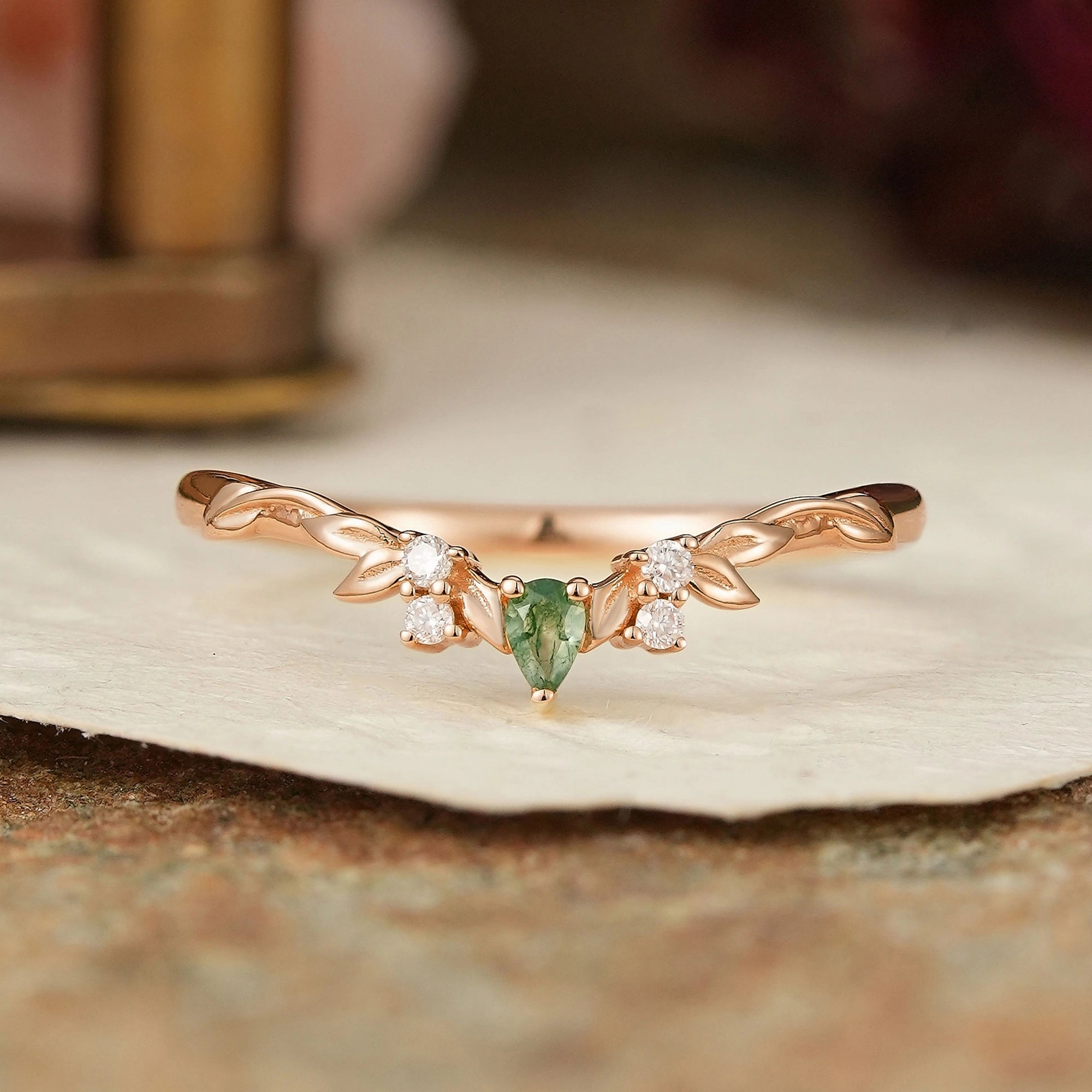 Nature Inspired Pear Shaped Moss Agate Curved Wedding Band - GemsMagic - GemsMagic