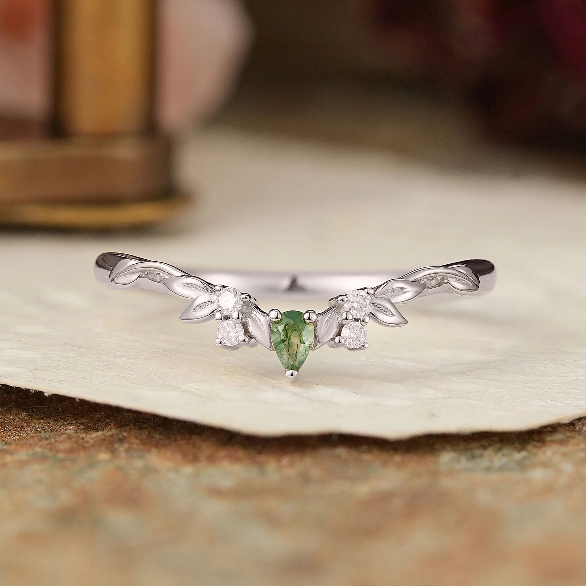 Nature Inspired Pear Shaped Moss Agate Curved Wedding Band - GemsMagic - GemsMagic