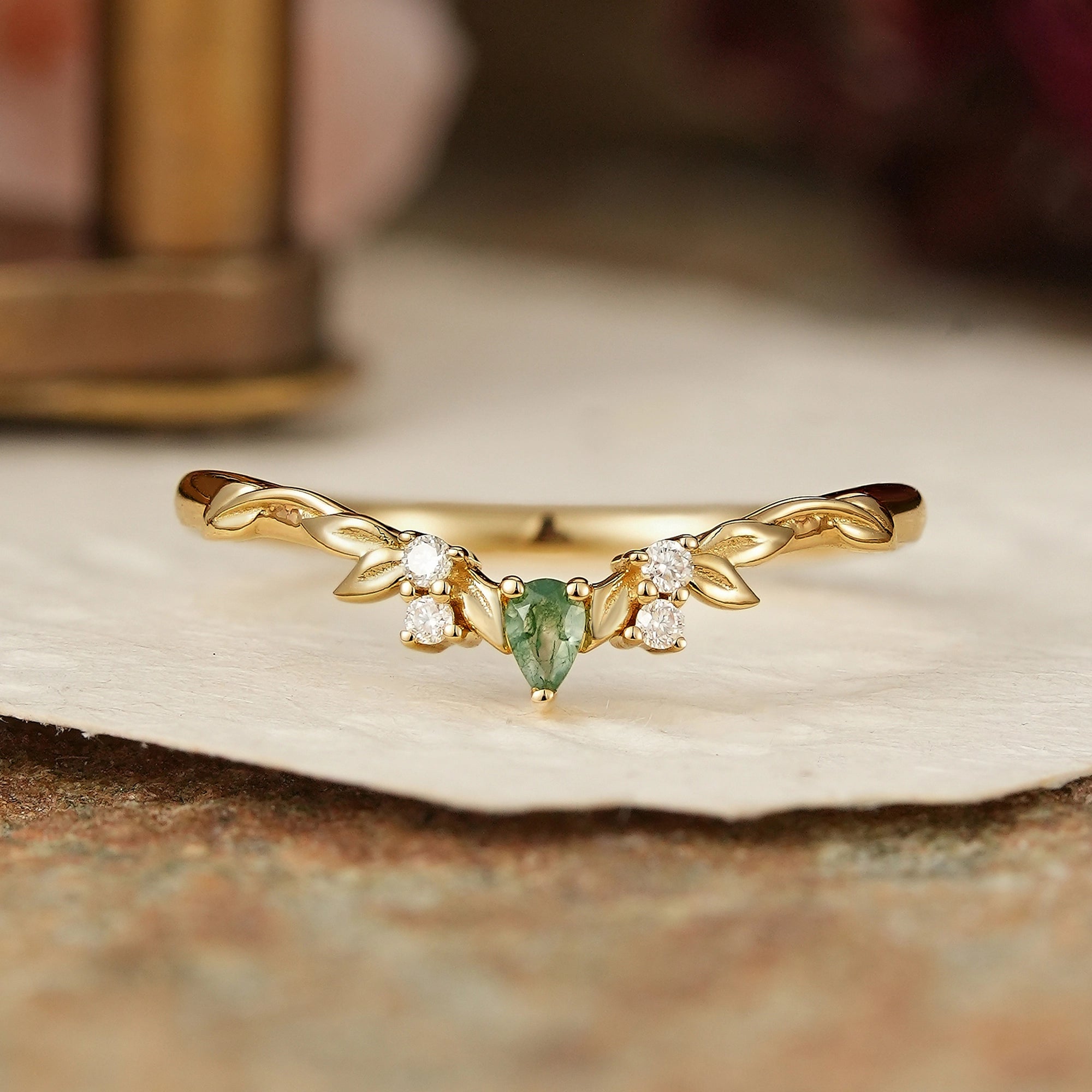 Nature Inspired Pear Shaped Moss Agate Curved Wedding Band - GemsMagic - GemsMagic