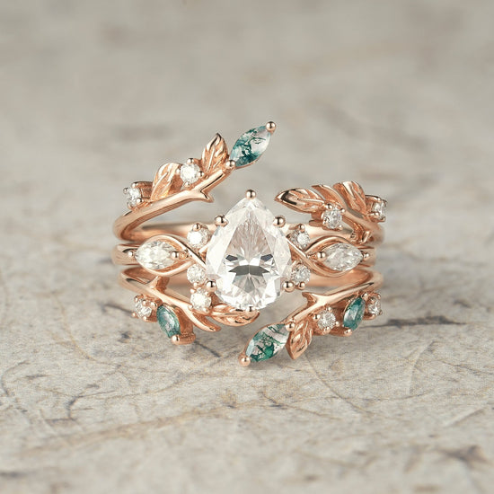 Nature Leaf Inspired Moissanite Enhancer Ring Set - Seraphine - GemsMagic