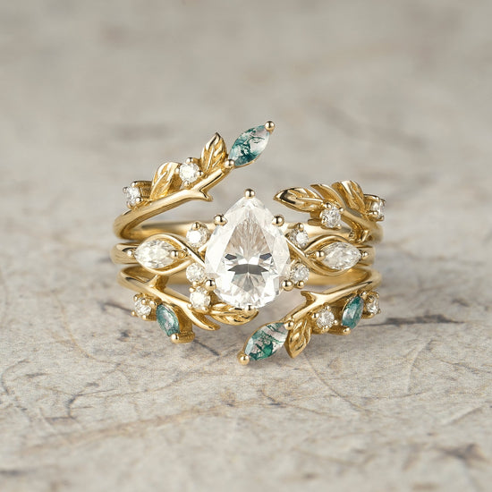 Nature Leaf Inspired Moissanite Enhancer Ring Set - Seraphine - GemsMagic