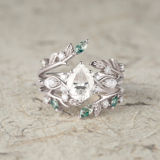 Nature Leaf Inspired Moissanite Enhancer Ring Set - Seraphine - GemsMagic