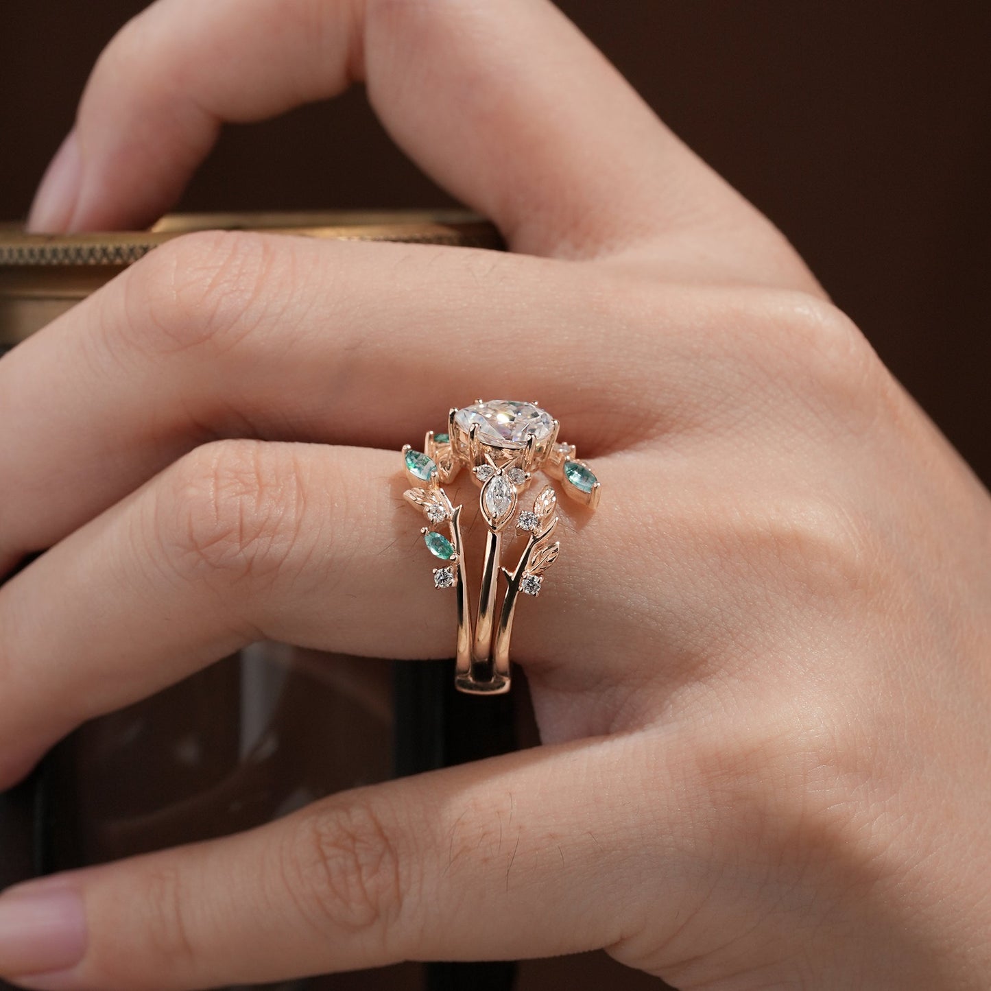 Nature Leaf Inspired Moissanite Enhancer Ring Set - Seraphine - GemsMagic