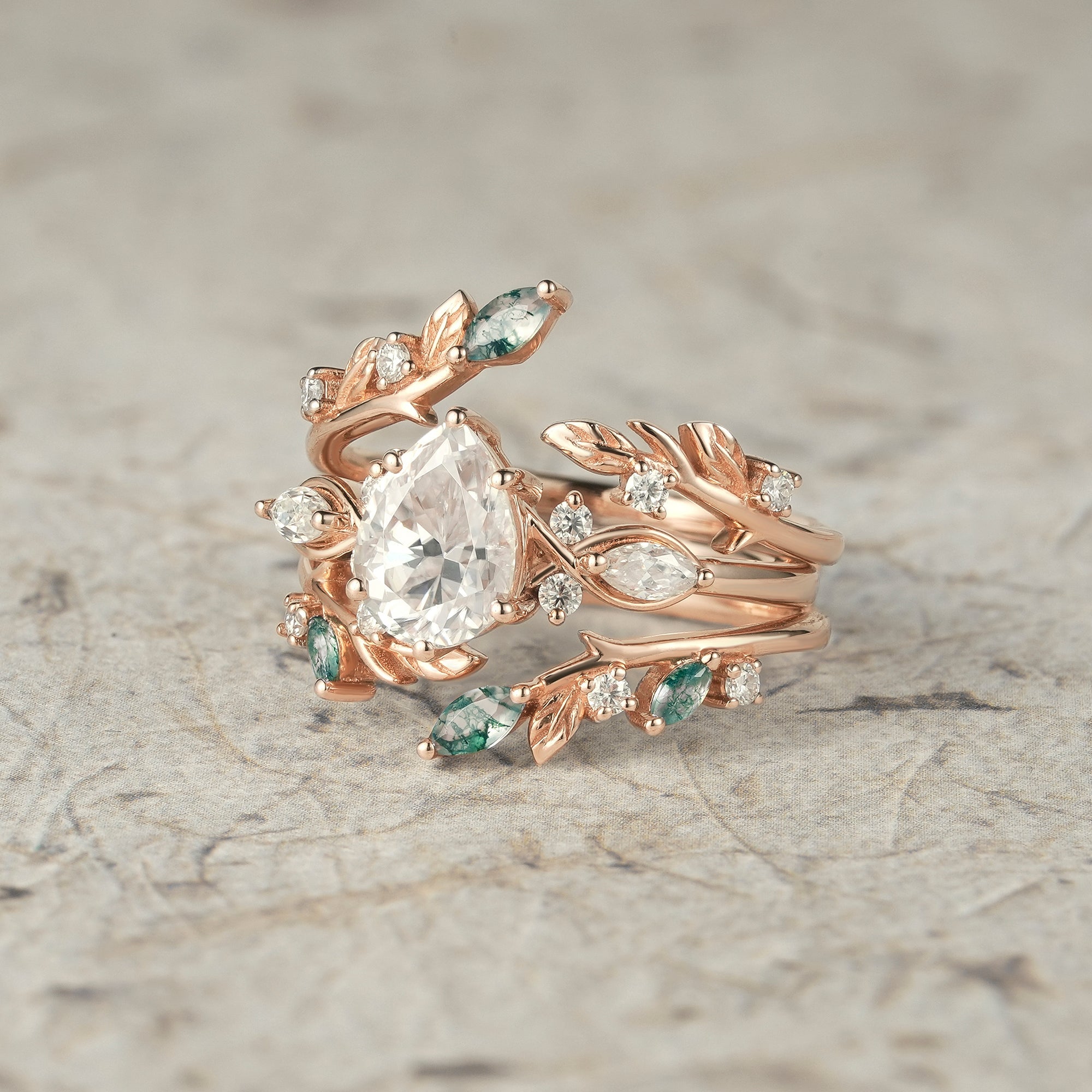 Nature Leaf Inspired Moissanite Enhancer Ring Set - Seraphine - GemsMagic