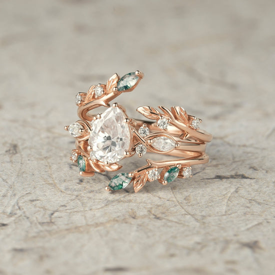Nature Leaf Inspired Moissanite Enhancer Ring Set - Seraphine - GemsMagic