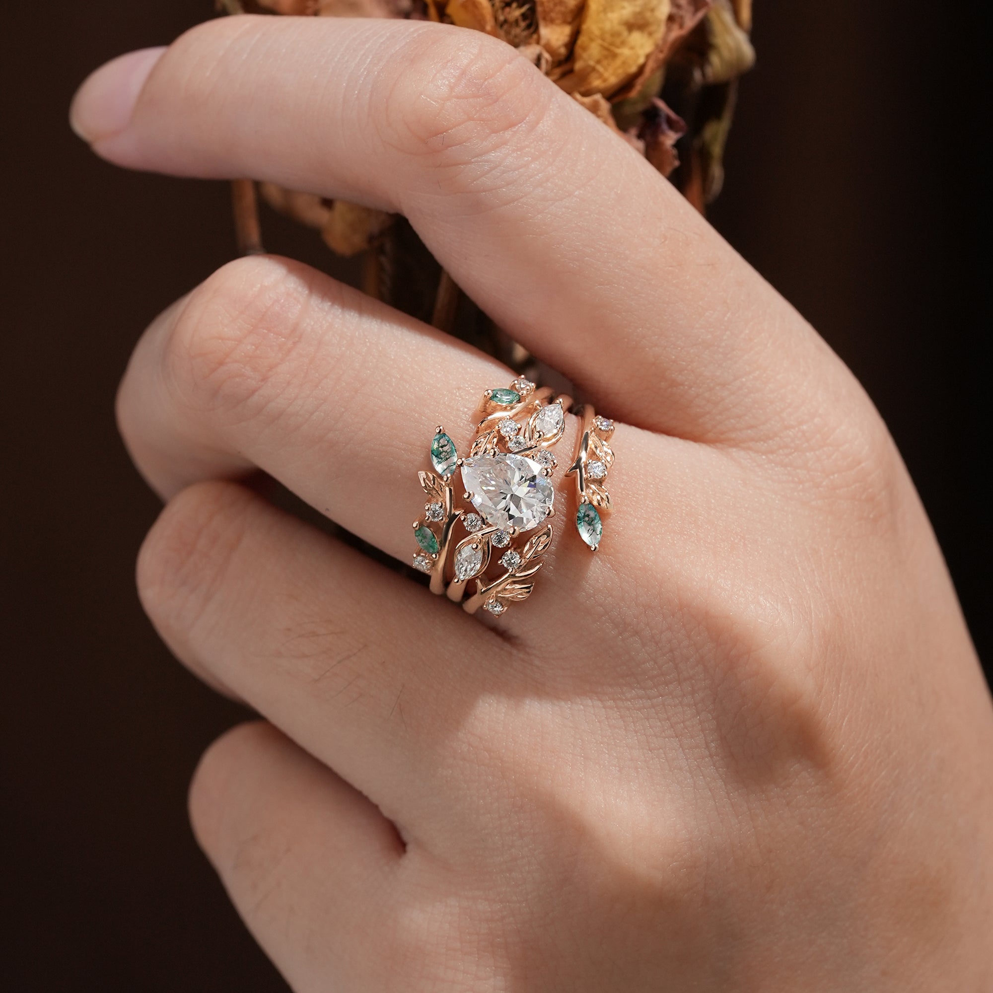 Nature Leaf Inspired Moissanite Enhancer Ring Set - Seraphine - GemsMagic